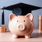 A piggy bank wearing a black graduation hat with coins on a desk