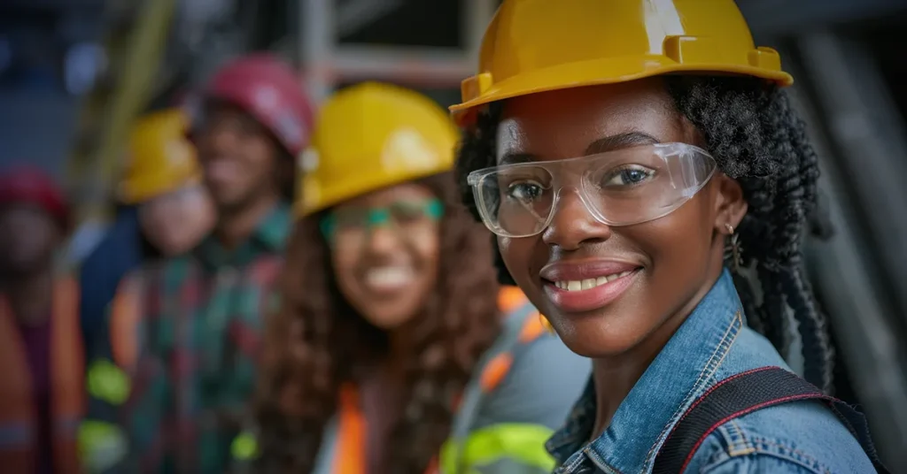 A high school student wears a yellow hard hat while learning career and technical workforce skills in a hands-on learning environment.