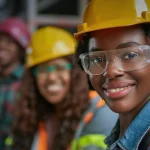 A high school student wears a yellow hard hat while learning career and technical workforce skills in a hands-on learning environment.