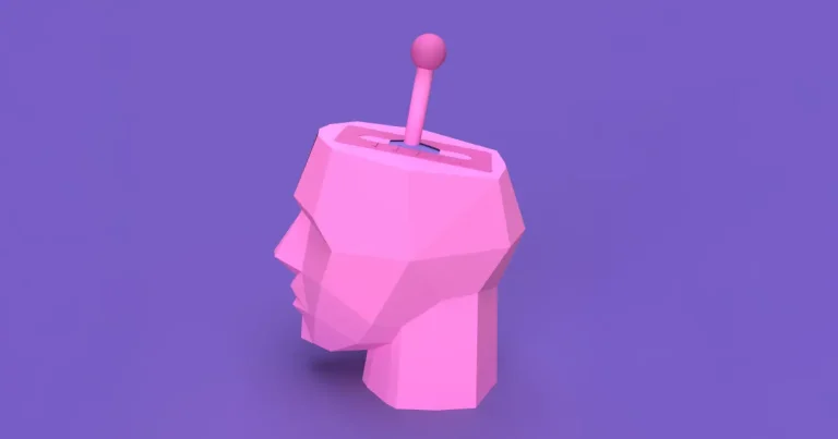 An artistic representation of the outline of a pink human head with a gear shift sits against a purple background.