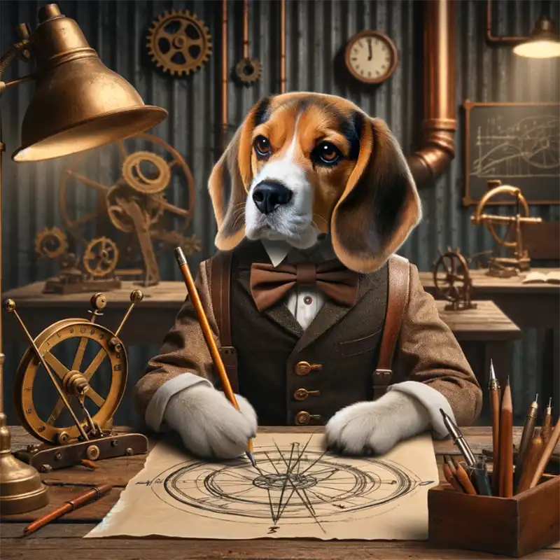 A beagle student sketches a picture while relaxing at his desk
