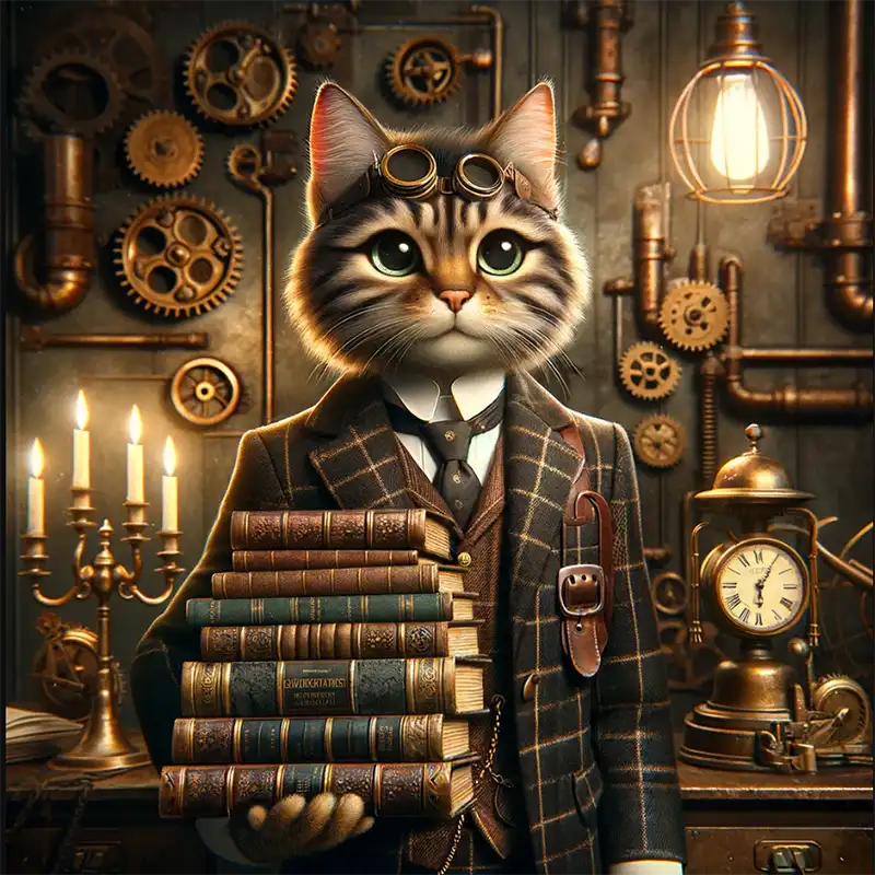 A cat wearing a tweed jacket carries a stack of textbooks