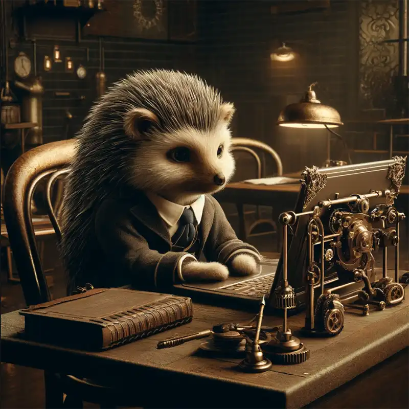 A hedgehog in a suit chooses an assignment on his laptop