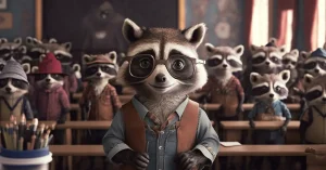 A raccoon teacher in front of his class, wondering what to do with his students.