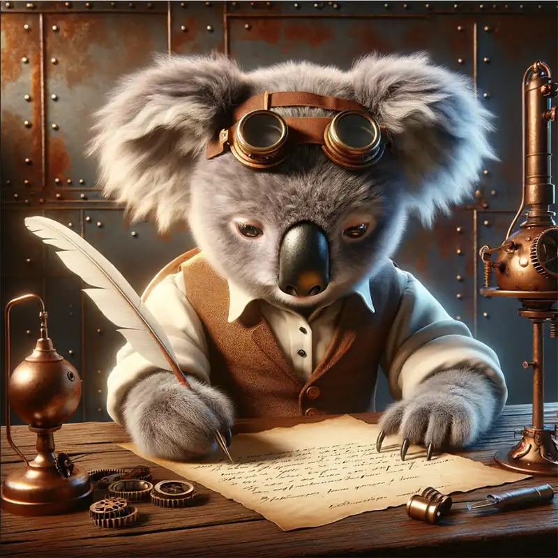 A koala student with a quill pen writes a resume at his classroom desk.