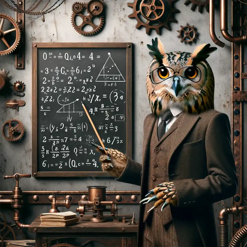 An owl instructor reviews math content on a chalkboard.