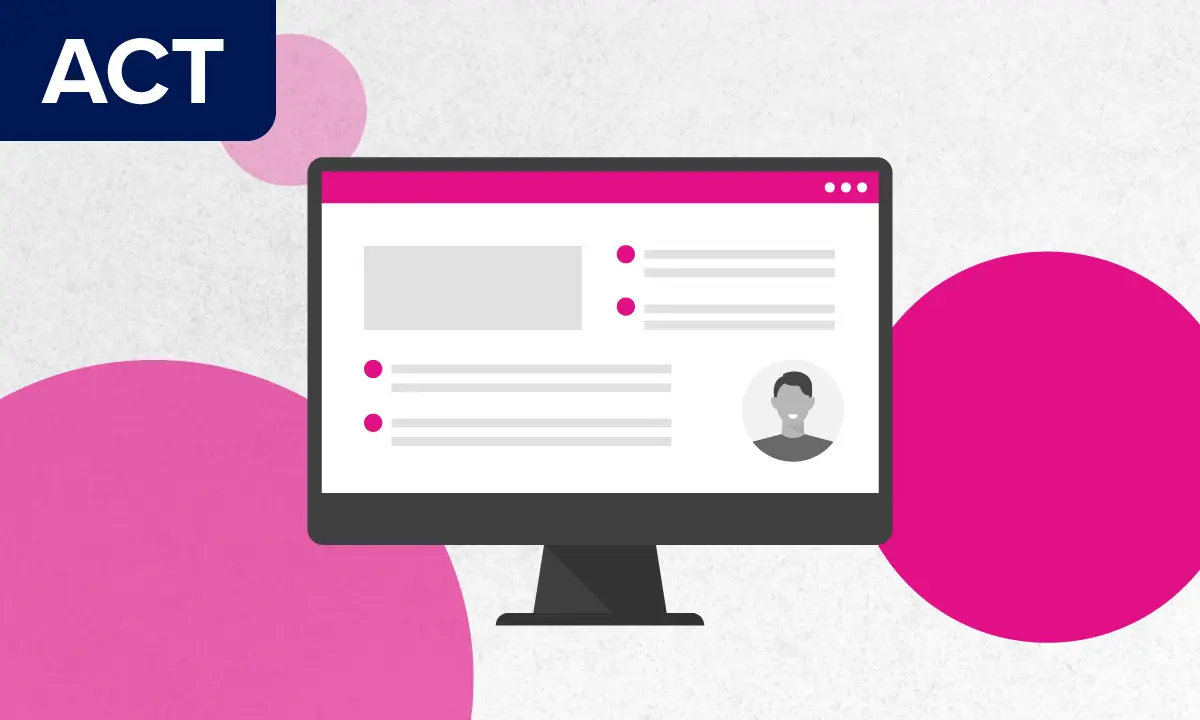 A laptop depicting a UWorld College Readiness ACT Webinar on a background of pink circles