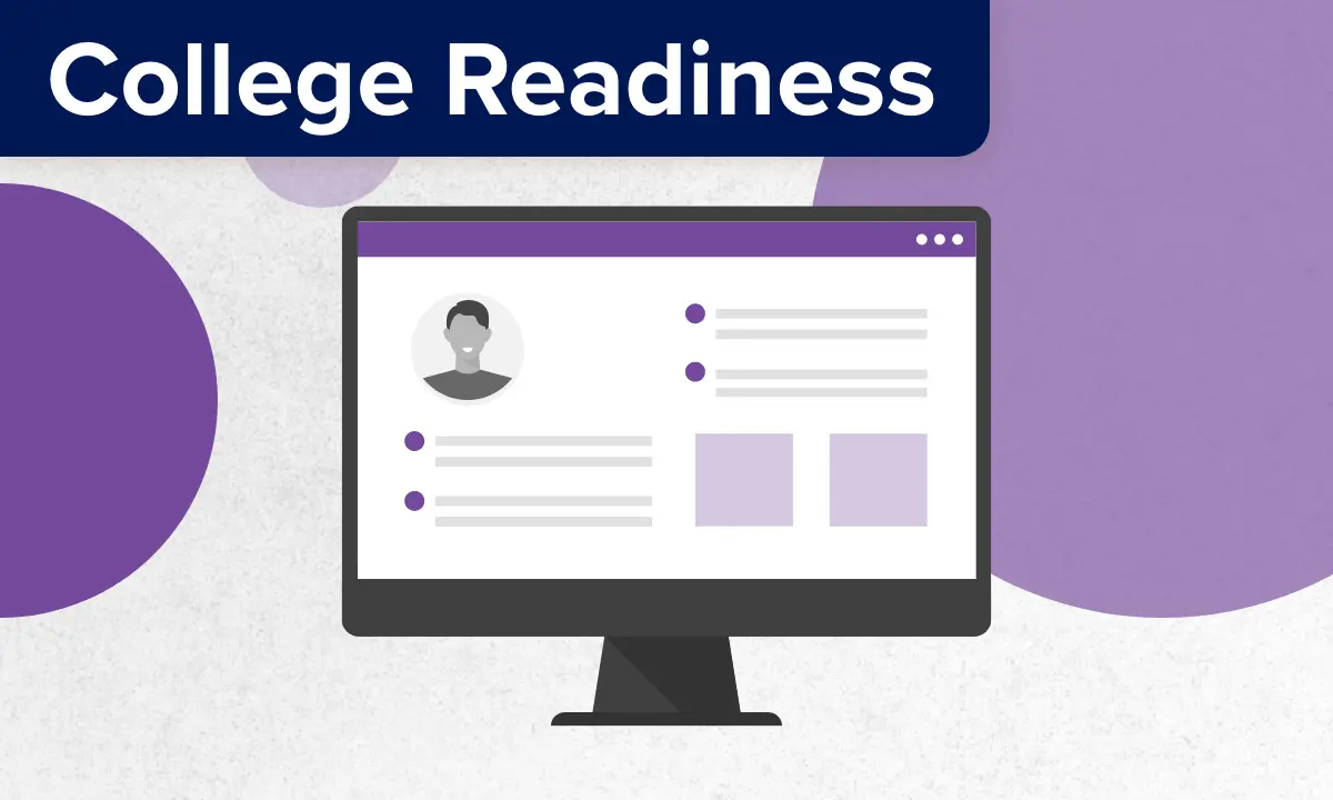 A laptop depicting a UWorld College Readiness Webinar on a background of purple circles